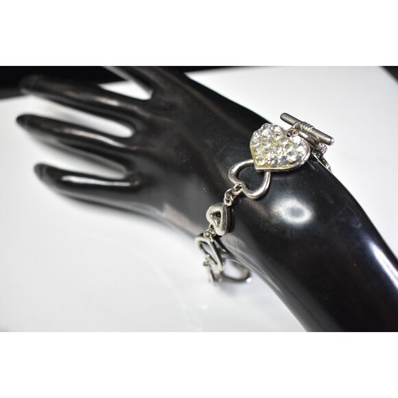 Silver Tone Heart Link Bracelet with Rhinestones - Size 7 - Picture 4 of 8